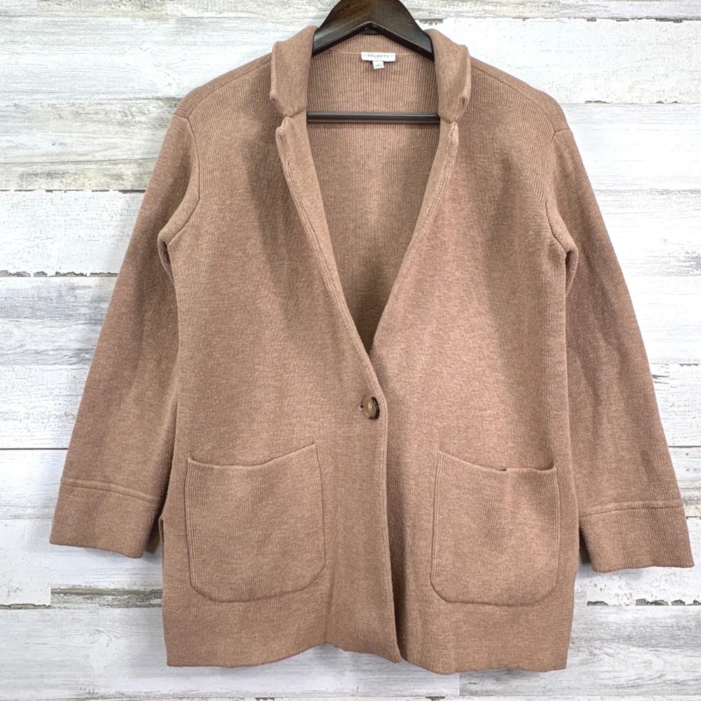 Talbots Women Knit Cardigan Blazer Jacket Camel Brown Size S Wool Blend